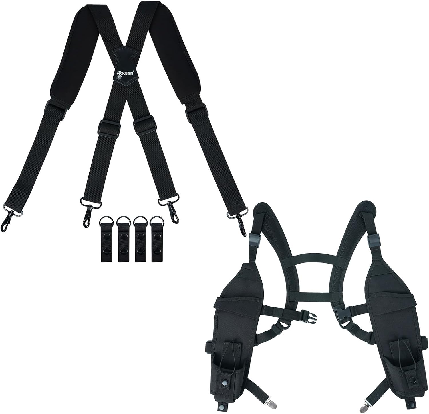 KUNN Tactical Duty Belt Suspenders with Metal Hook,Men Padded Police Harness for Duty Belt,Black + Radio Holster with Chest Buckle,Double Shoulder Radio Harness Walkie Talkie Holder Shoulder Holster