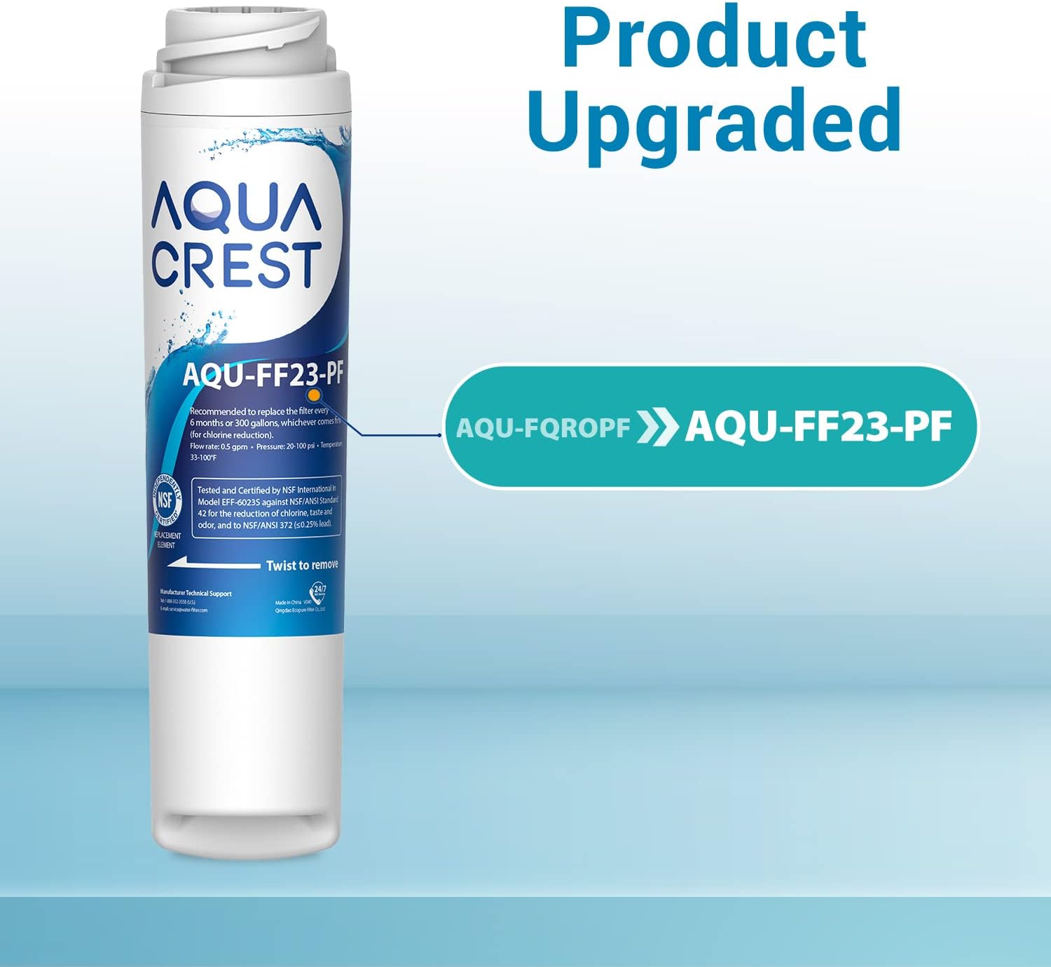 AQUA CREST FQROPF, FQSLF Under Sink Water Filter Replacement, Replacement for FQROPF, FQSLF, GXSV65R, GQSV65R, PXRQ15F, PNRQ15F, NSF 42 Certified (2 Pack), Model No.AQU-FF23-PF