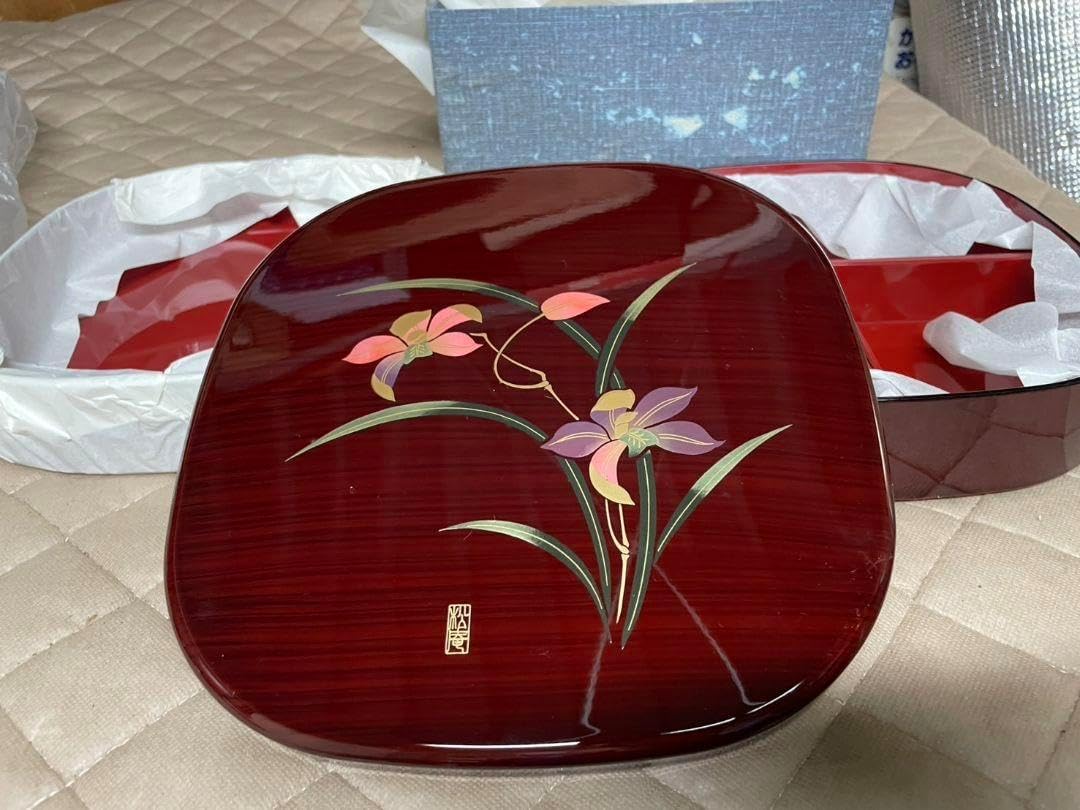 レトロ花柄赤色漆器二段重箱 漆塗り重箱 赤い花模様 2段