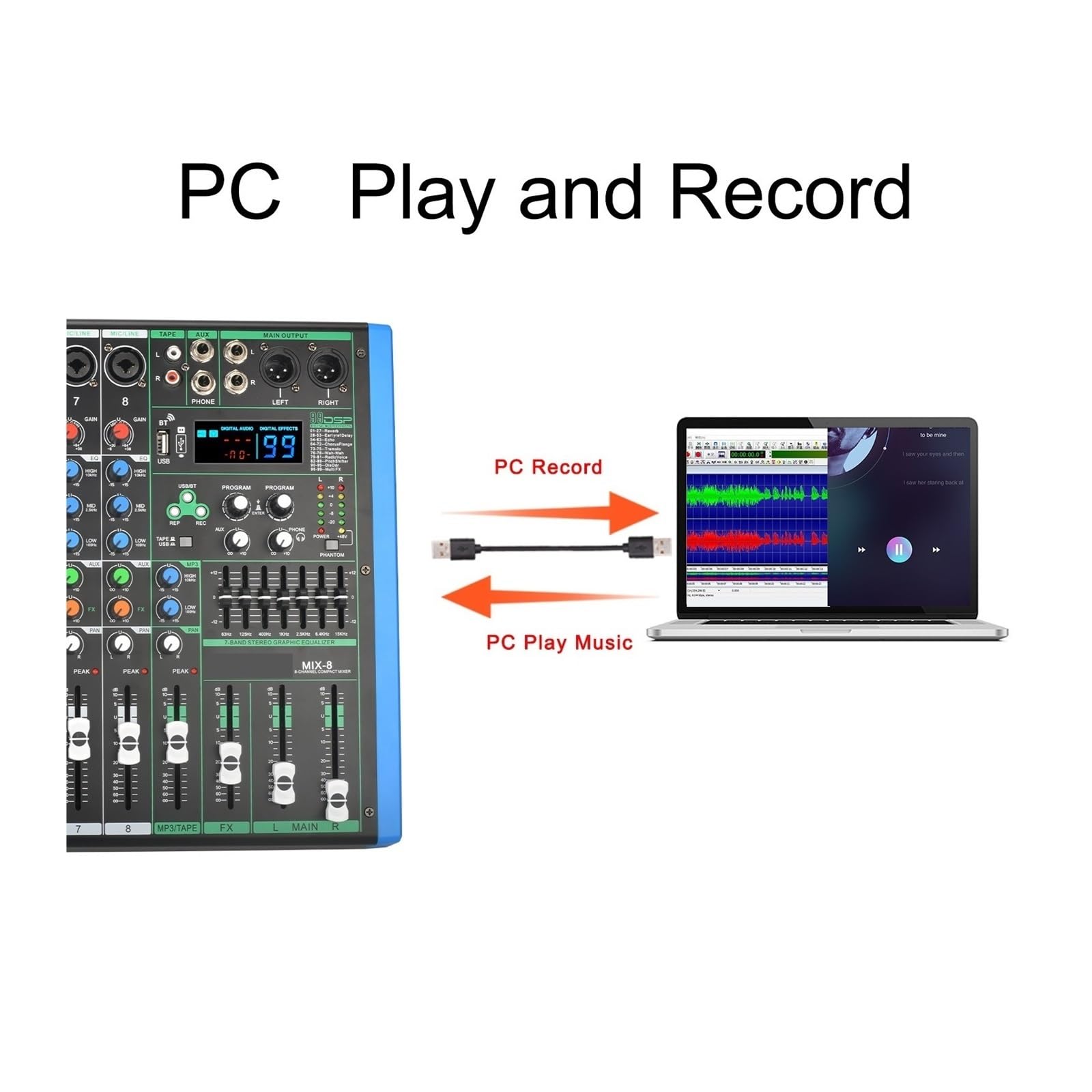Mixer audio, 8 CH Stereo Mixing Console USB PC Play Registrazione Suono Audio Mixer 7 Band EQ Dj Controller Tavolo for KTV