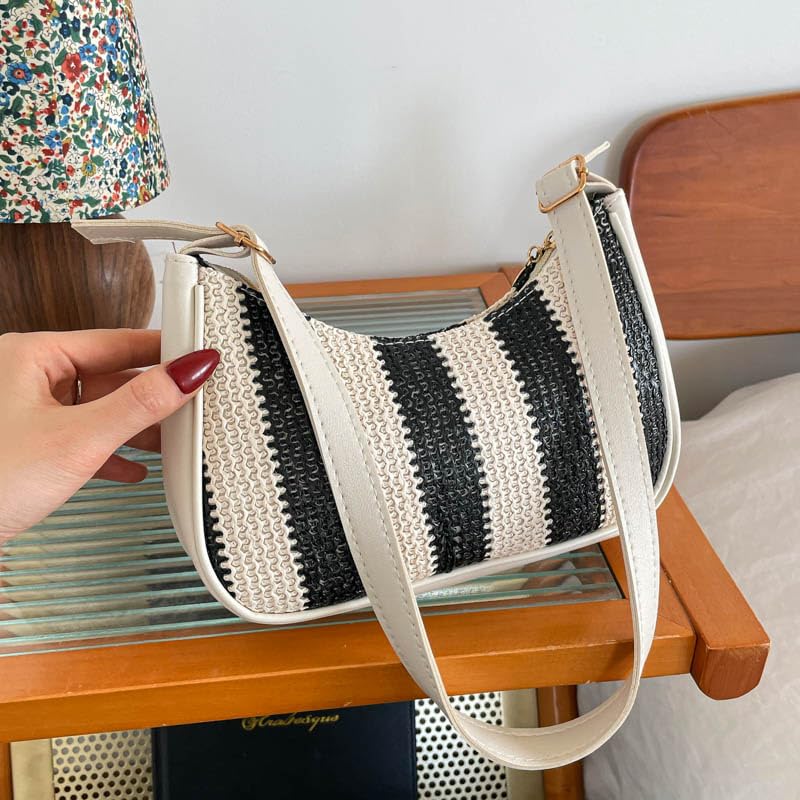 Borsa a tracolla da spiaggia da donna, grande capacità, in paglia | EcoGleam Borsa a tracolla in paglia leggera con grande capacità, motivo a righe, 24 x 16 x 7 cm