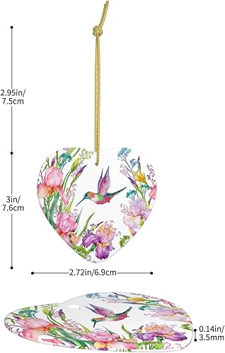 Miniatura 2 de Chic Iris y pequeño colibrí en blanco adornos de Navidad personalizados corazón porcelana adorno de cerámica adornos colgantes árbol de Navidad,