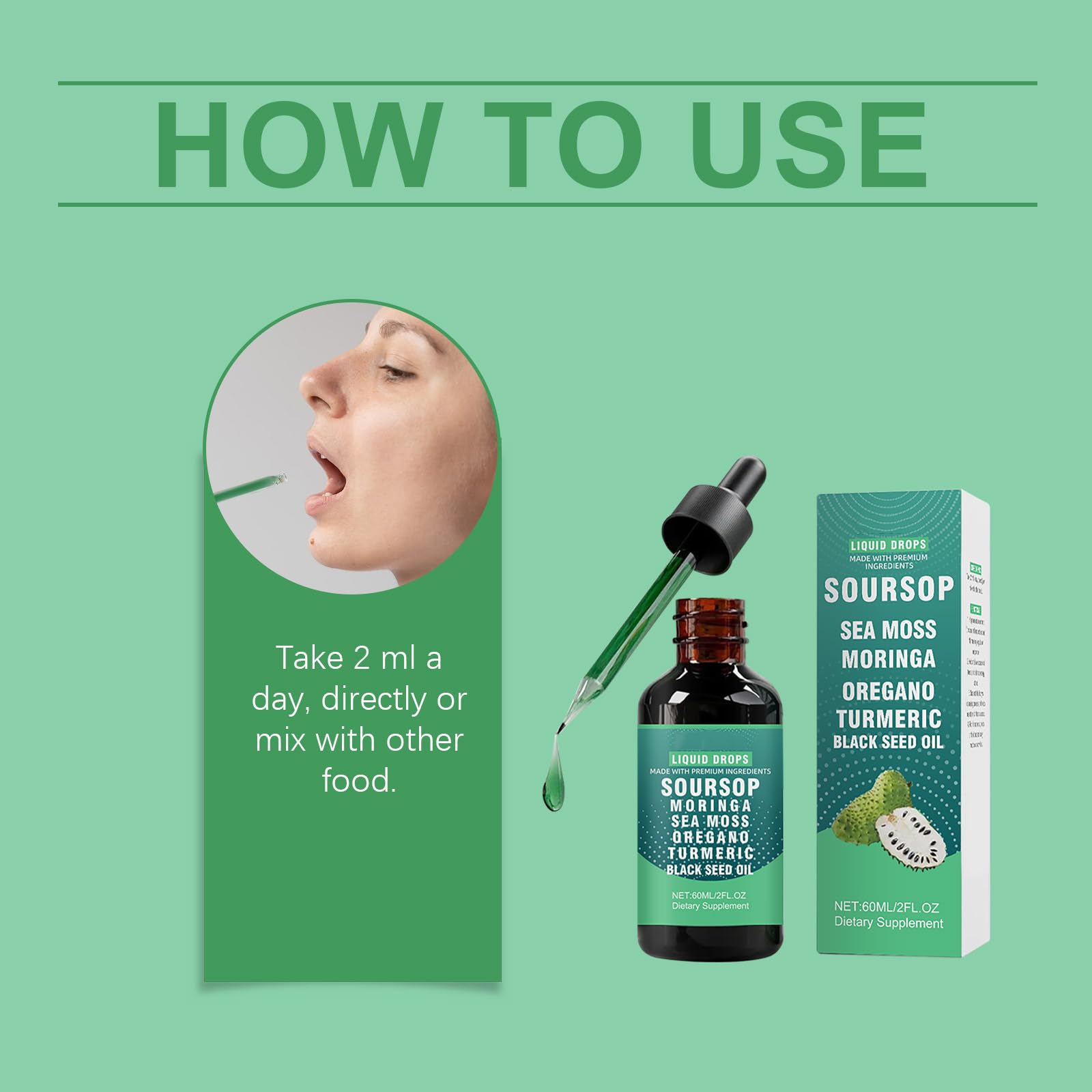Gocce liquide di amaro di graviola, gocce liquide alle erbe 10 in 1, siero alle erbe di graviola, integratore naturale a base vegetale per il supporto quotidiano al benessere, 60 ml (8 bottiglie)