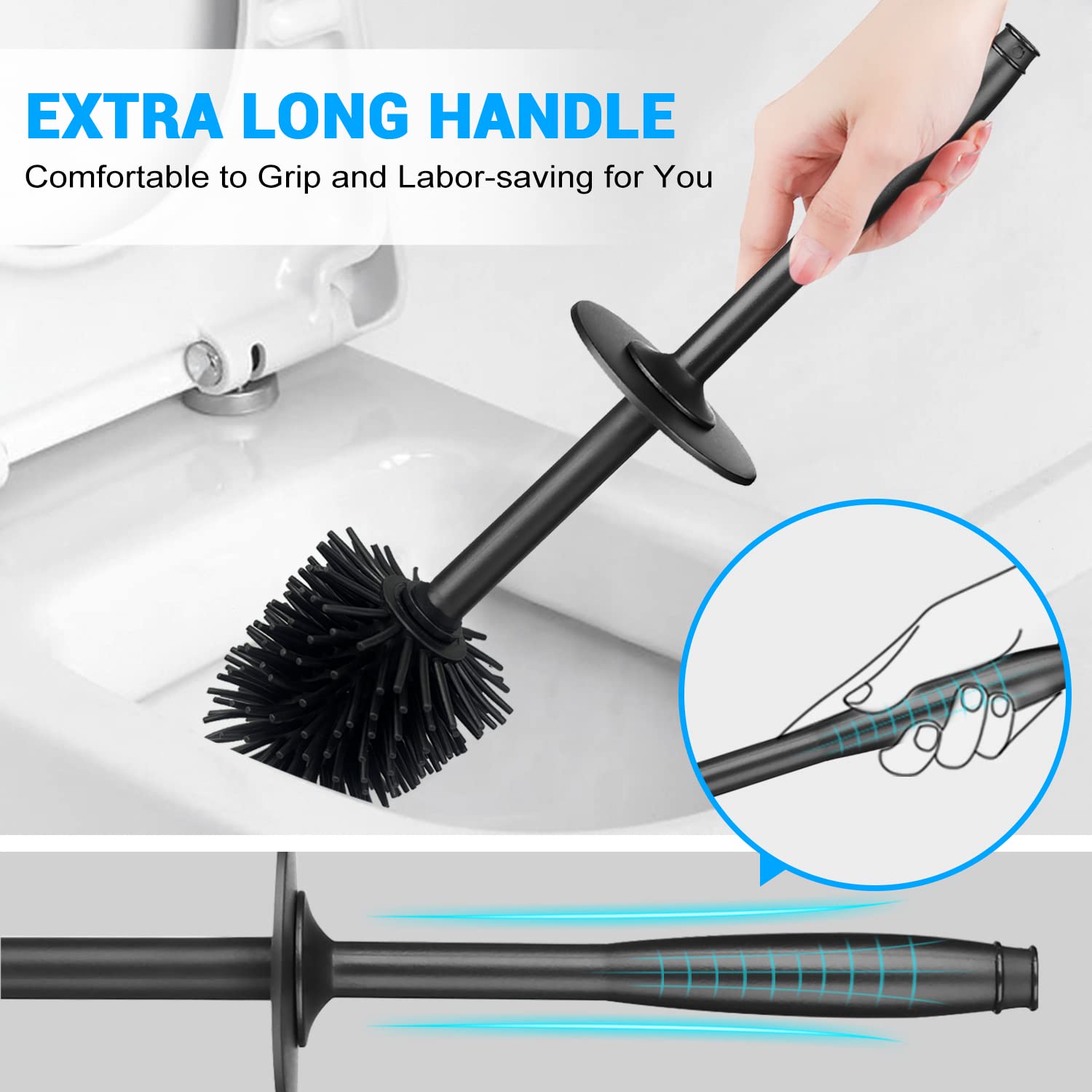 HiWODO Silicone Toilet Brush with Holder,Toilet Brushes & Holders Includes 2 Quick Drying Loo Brush Heads,Deep Hygienic Toilet Cleaner Brush Set including Long Rubber Handle for Bathroom Cleaning (Black) - Image 3