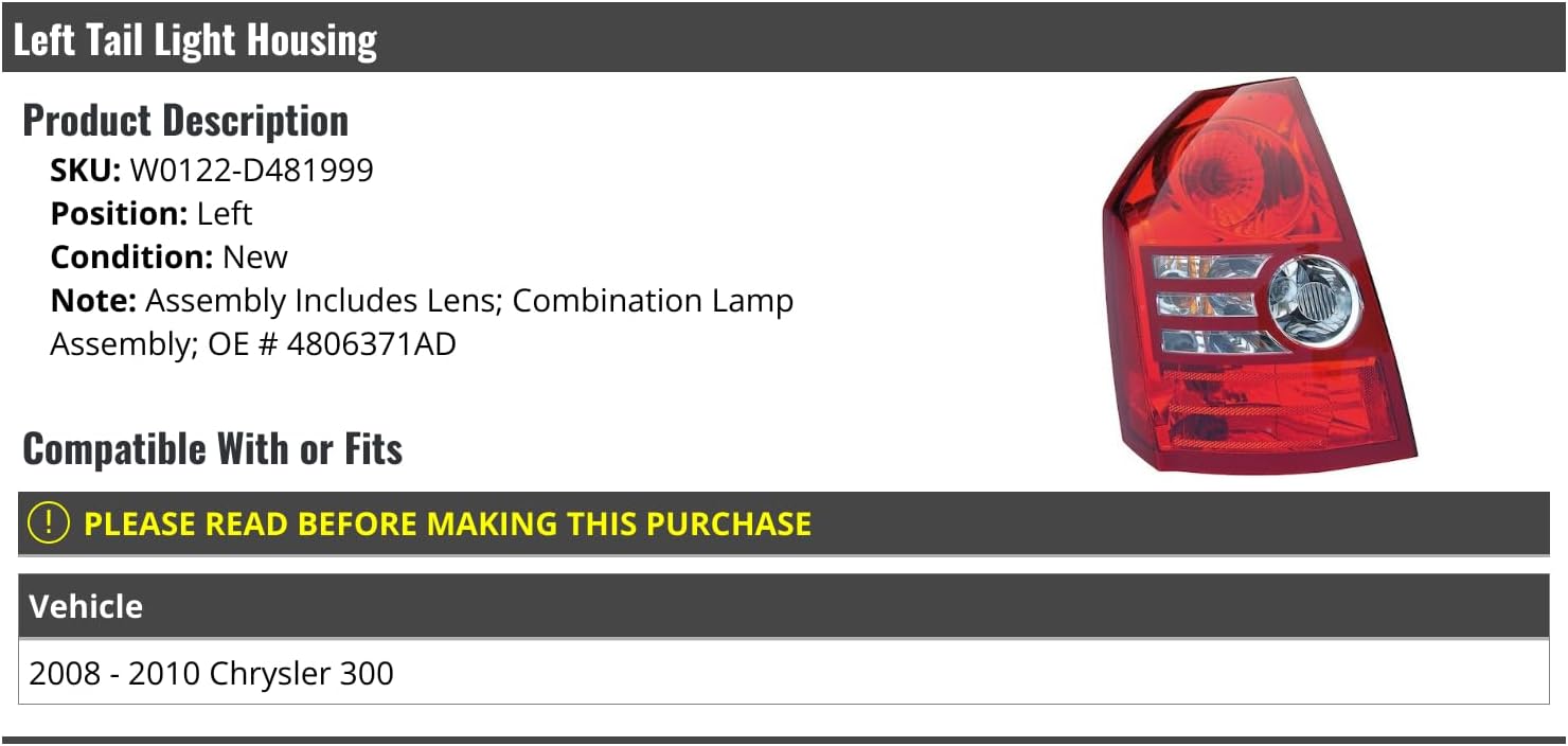 Marketplace Auto Parts Left Driver Side Tail Light Housing and Lens Assembly - Compatible with 2008-2010 Chrysler 300