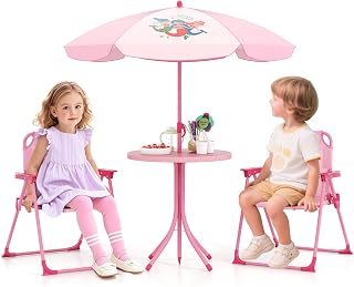 COSTWAY Juego de Mesa y Silla Infantil de Jardín con Sombrilla Ajustable, Juego de Picnic para Niños, Mesa de Actividad Exterior Infantil con 2 Sillas Plegables para Niños de 3-6 Años (Rosa)