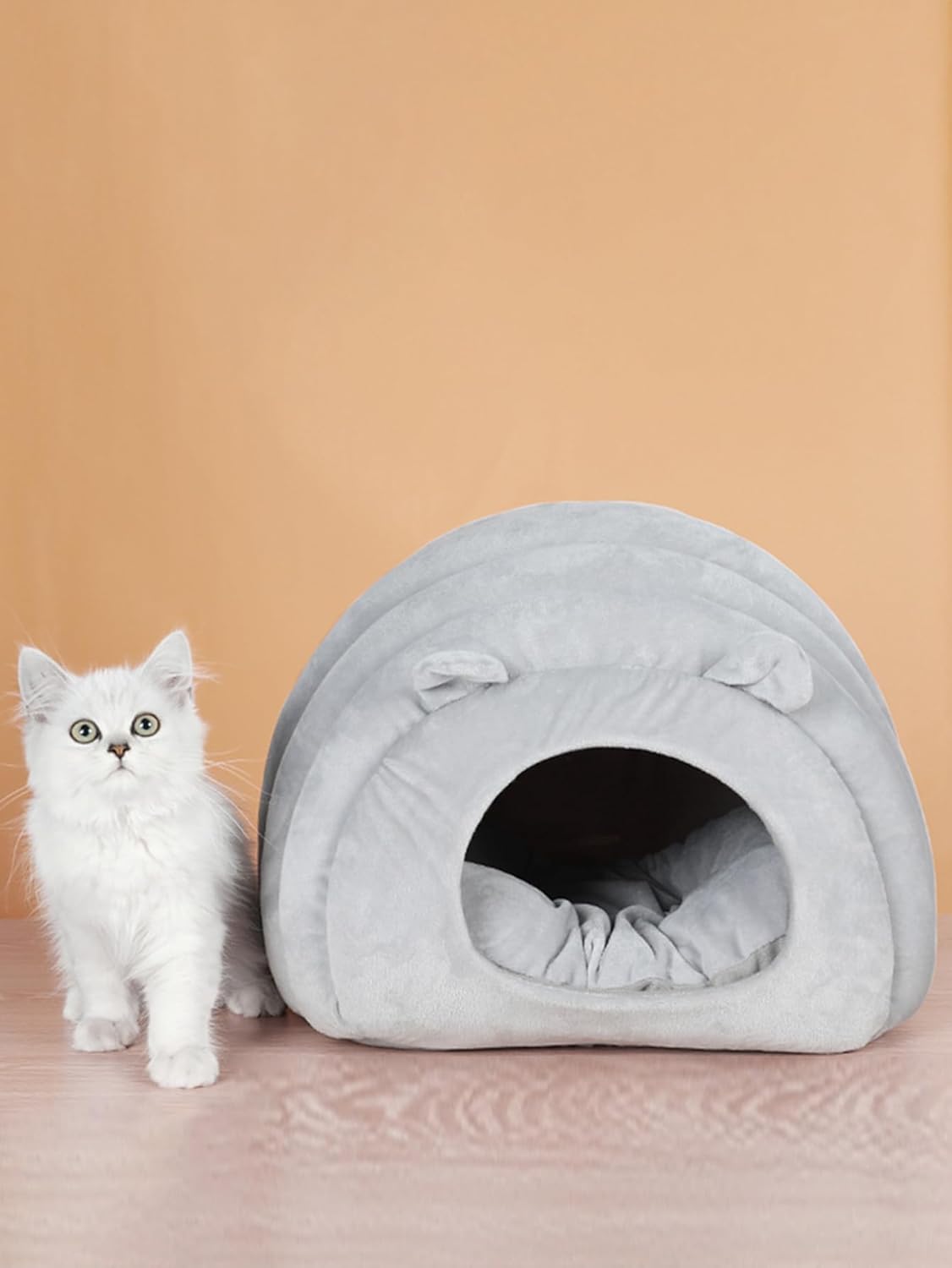 review QWINEE Cat Dog Bed Cat Cave with Removable Cushion Soft Plush Warm Winter Cartoon Ear Design Pet Nest for Small Medium Dog Puppy Indoor Kitten Kitty Grey one-Size