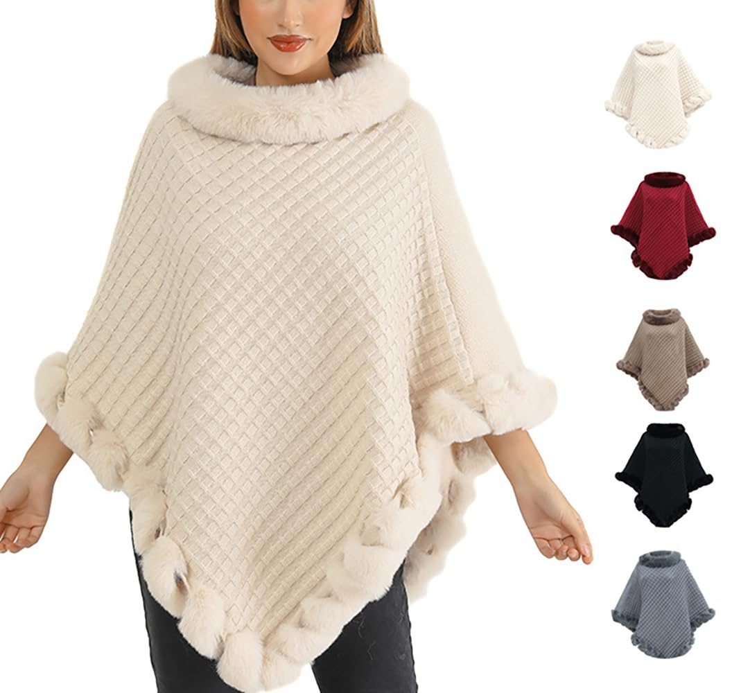 Elegantes chal lisos de gofre para mujer, Suéteres de piel abrigados de cinco puntas para mujer, Poncho con ribete de piel sintética