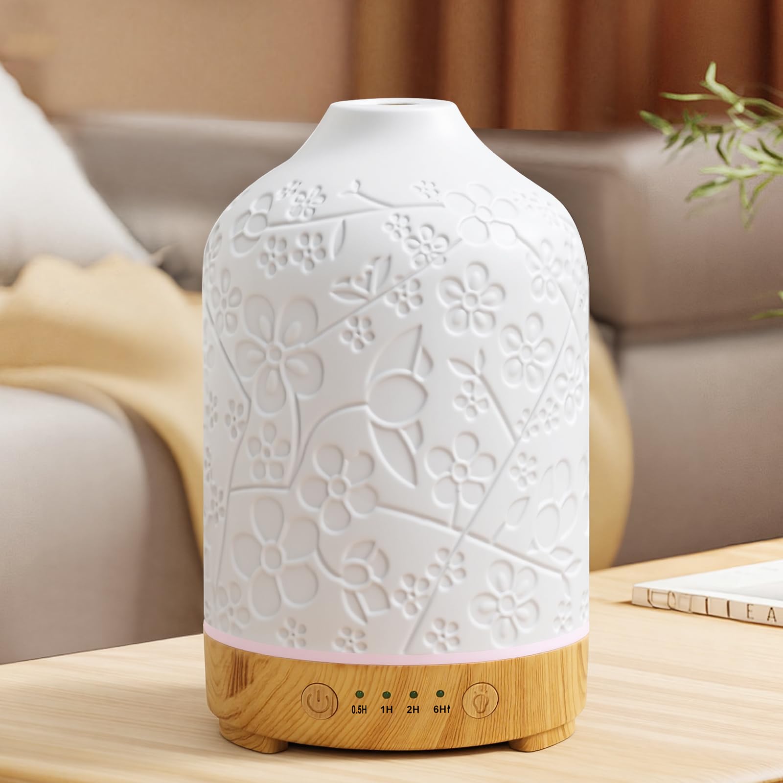 Aromatherapy Essential Oil Diffuser 150ml Ceramic Ultrasonic Aroma Oil Diffuser Humidifier Whisper Quiet Timer Setting 7 LED Colors Changing Lights for Home Office (Cherry Blossom)