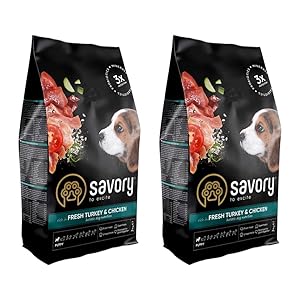 Savory – Nourriture sèche pour Chiens – Nourriture sèche pour Chiens – Chiot – Dinde et Poulet Frais – à Base de Viande fraîche séchée, avec VIT. A, D3, E, C 2-Pack (2×3 kg)