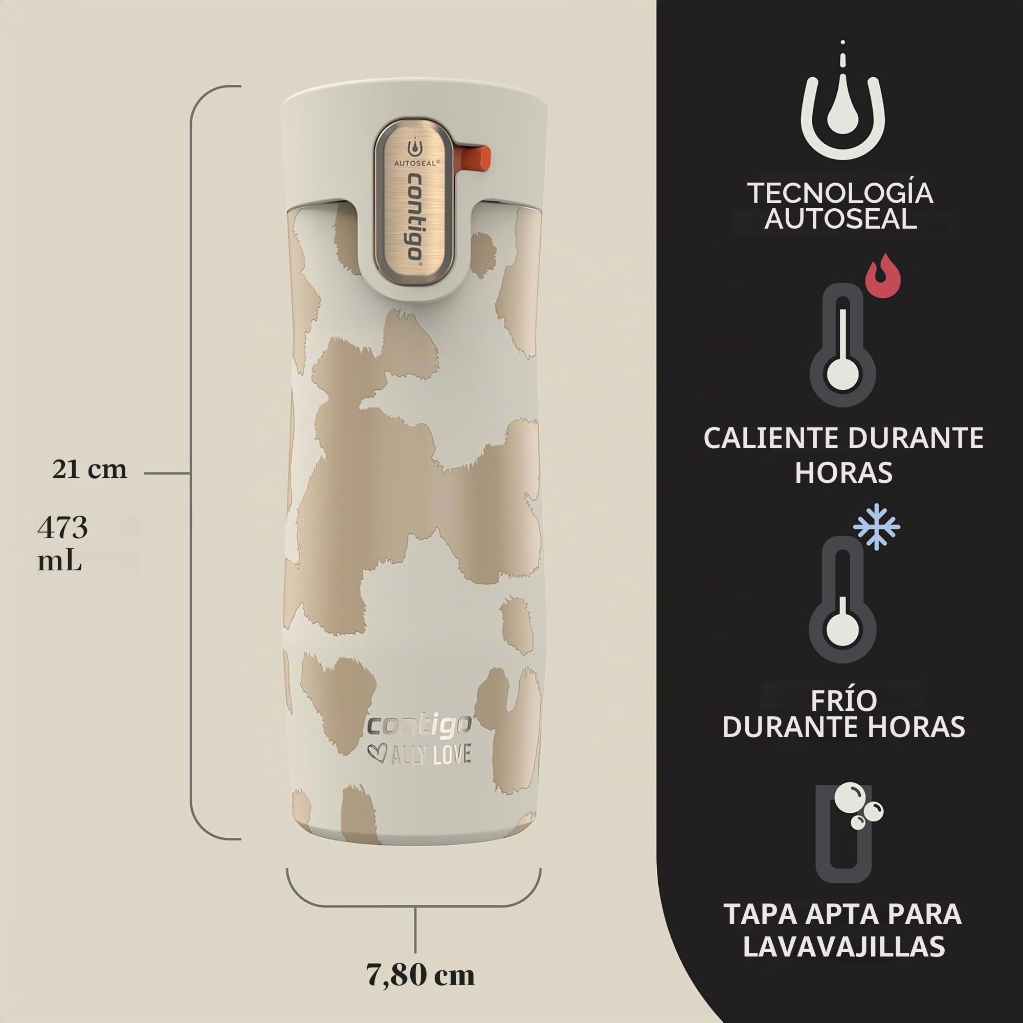 Contigo x Ally Love - Taza de viaje de acero inoxidable aislada al vacío con tapa de cierre automático y fácil de limpiar, a prueba de derrames, mantiene las bebidas frías 24 horas y calientes durante