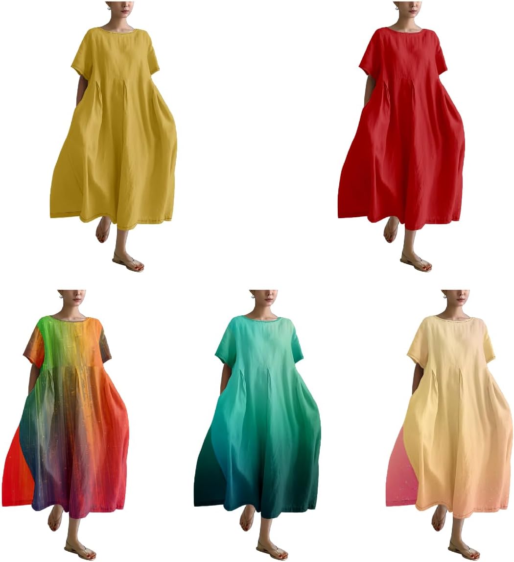 Womens Boho Summer Dresses Linen Casual Comfy Crew Neck Short Sleeve High Waisted T Shirt Dress Soft Sundress - Image 5