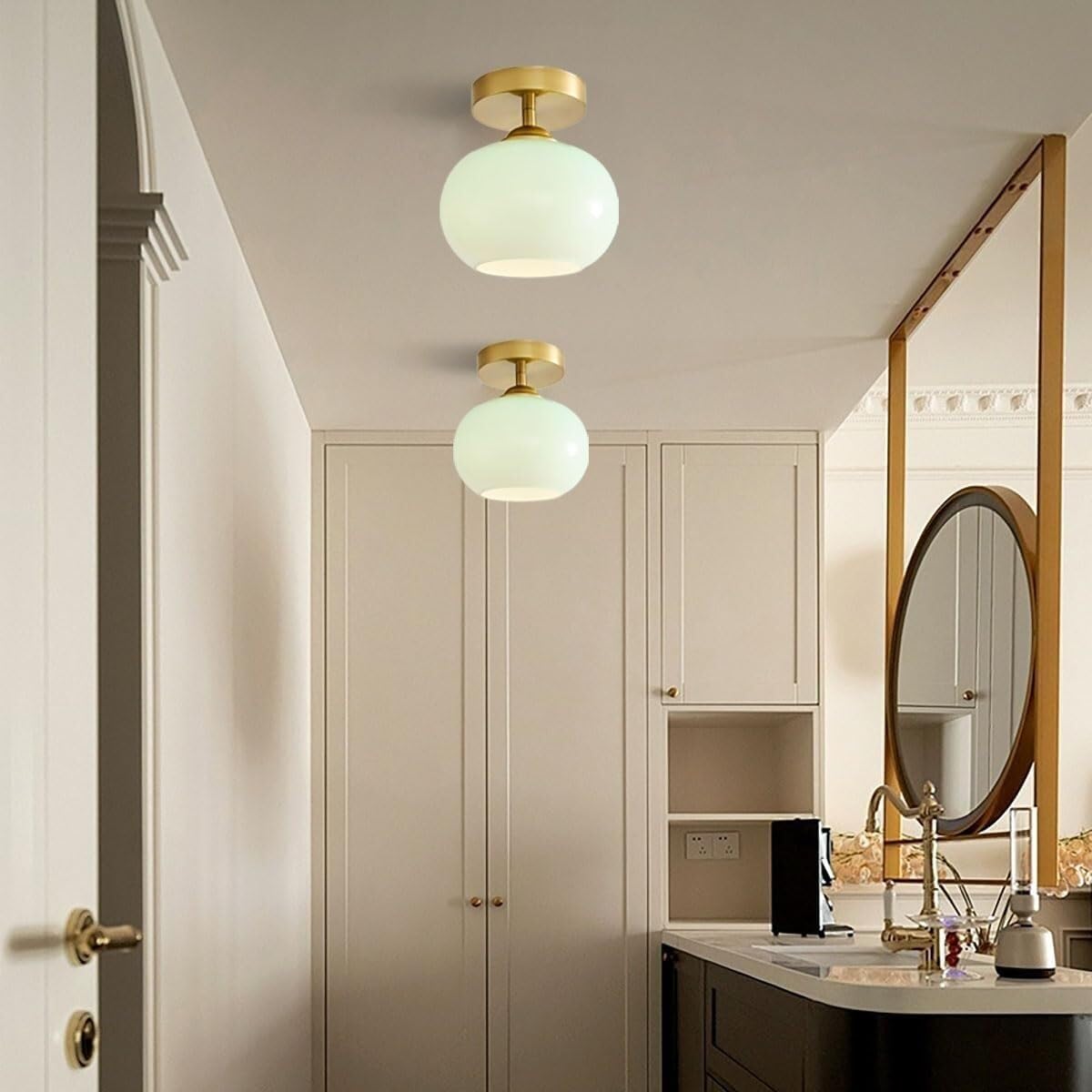 Kremowy Szklany Kula Lampy Sufitowa Pół Wpuszczana, Plafon Mały Styl Mid Century Vintage Wiejski do Korytarz Wejście Balkon Oświetlenie Sufitowe(Green)