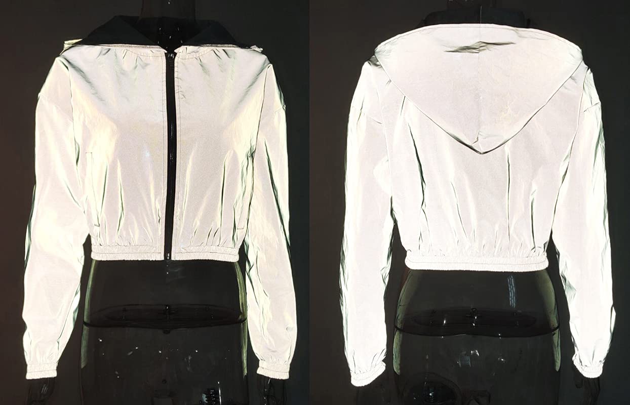 NewL Veste coupe-vent à capuche réfléchissante à manches longues avec fermeture éclair pour femme