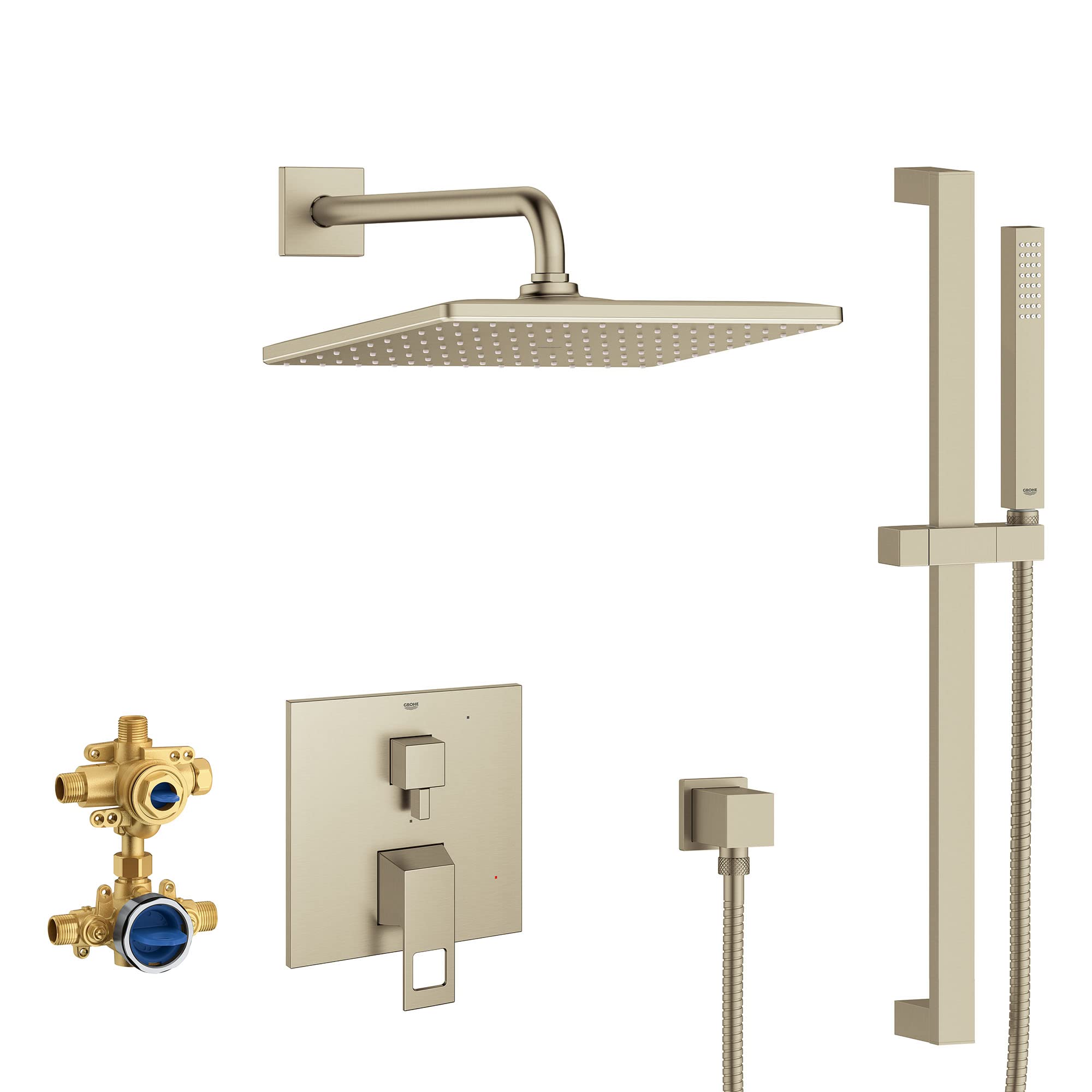 GROHE Eurocube Pressure Balance Rainshower Set in Brushed Nickel, showing the shower head, hand shower, and control valve.