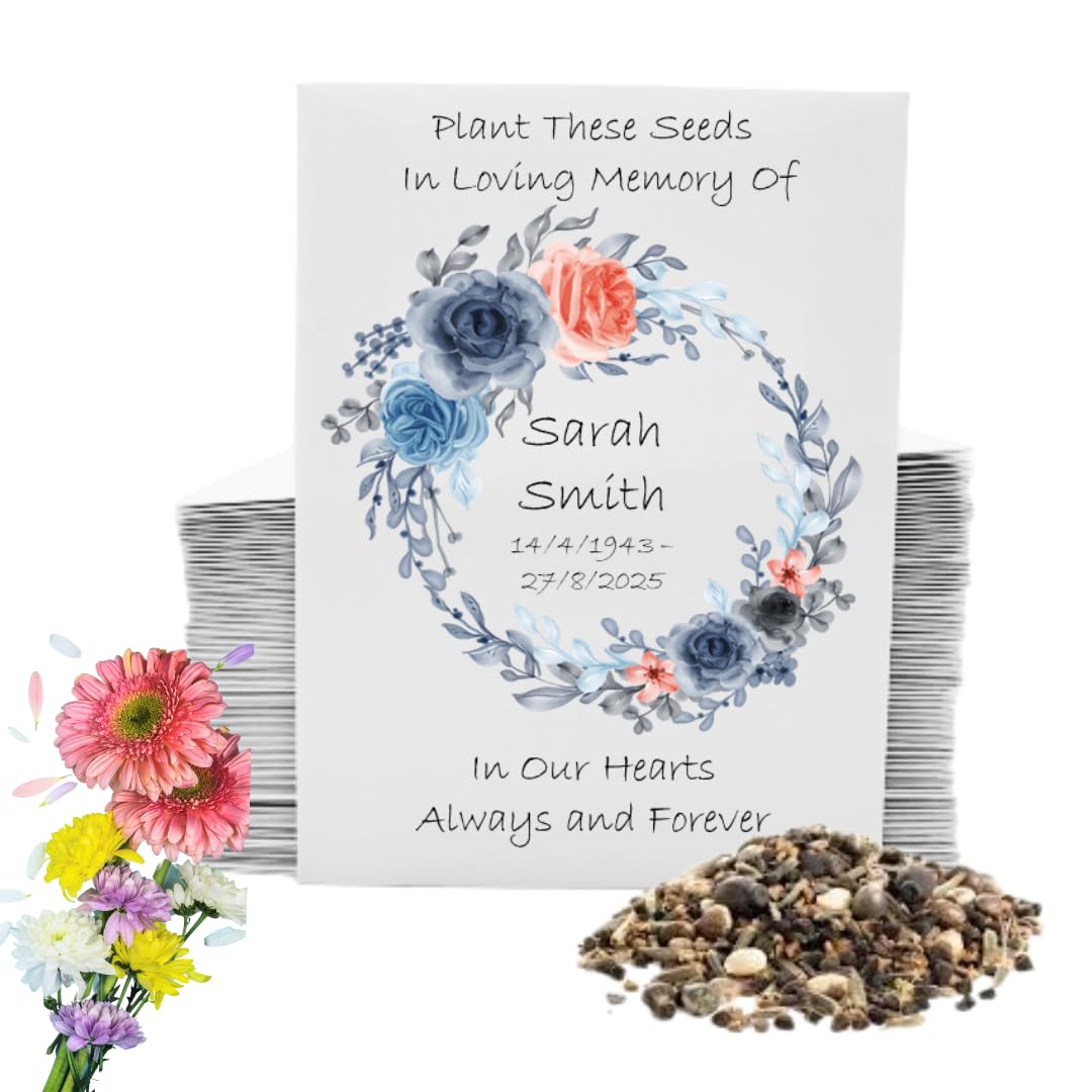 100 Funeral Wildflower Seed Packets – Personalised Remembrance Favour • Memorial Condolence Gifts for Guests • Celebration of Life Keepsake (Rose Design)