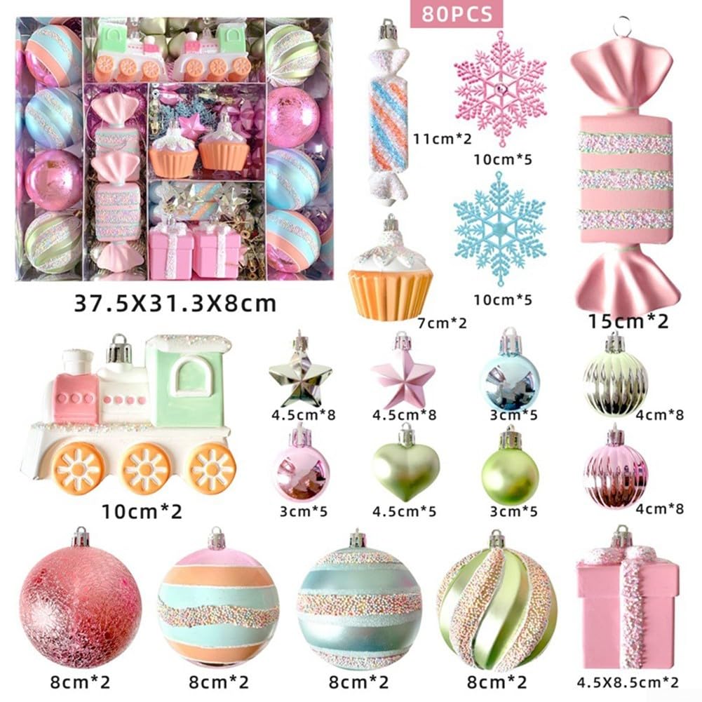Dekoratives Anhänger-Set mit Macaron-Designs, bezaubernde Weihnachtskugeln mit Süßigkeiten- und Schneeflocken-Formen für Cheer (80 Stück)