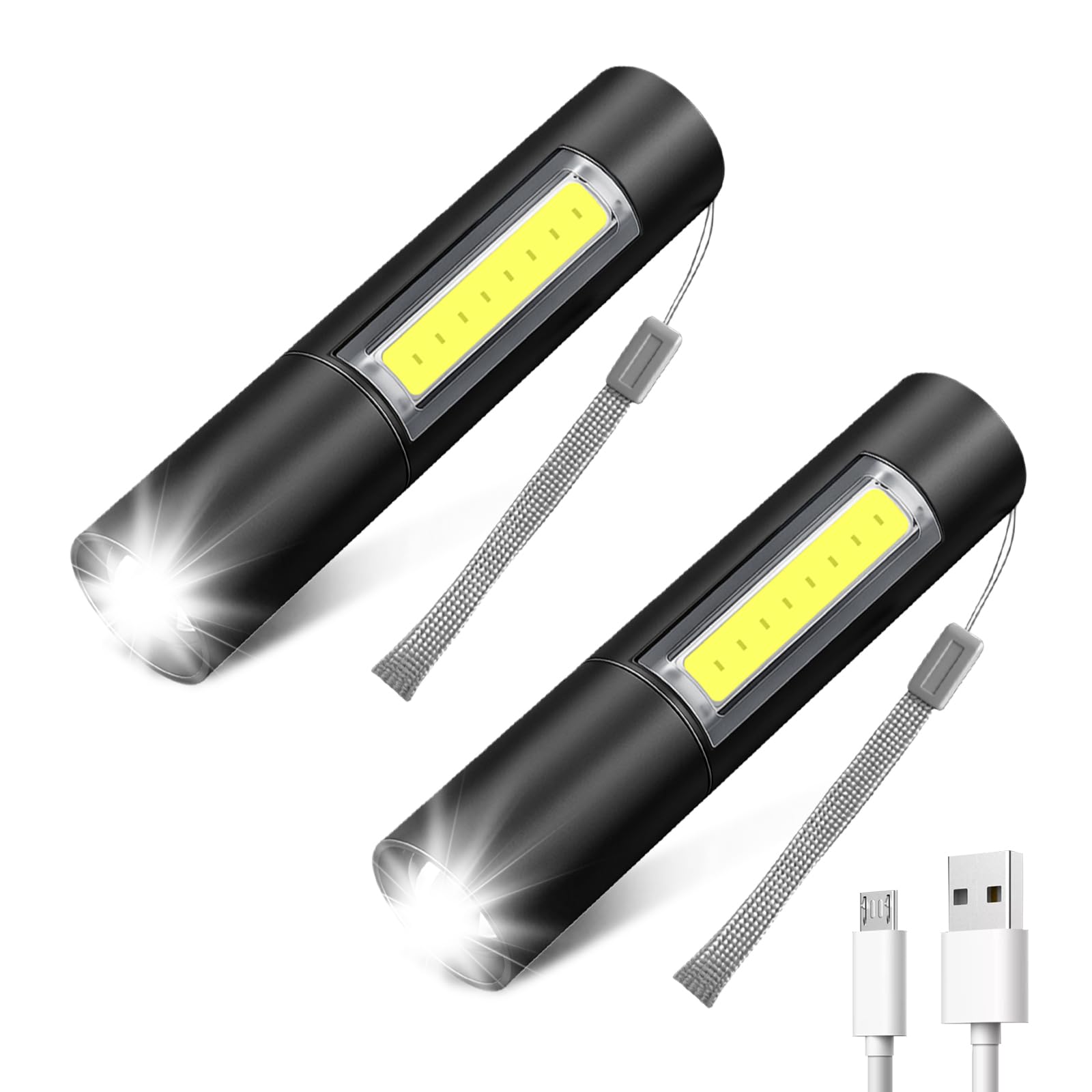 flintronic 2 Stück LED Taschenlampe Aufladbar, 300 Lumen, Zoombar IPX4 Wasserdicht Taschenformat Taschenlampe mit COB LED für Camping, Wandern, Outdoor, Notfäll