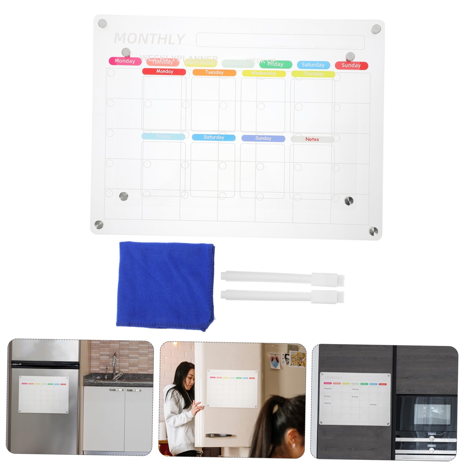 2sets Lavagna Cancellabile Per Frigorifero Planner Giornaliero e Mensile Acrilico Accessori Per Organizzazione Famigliare Facile Usare e Riutilizzabile