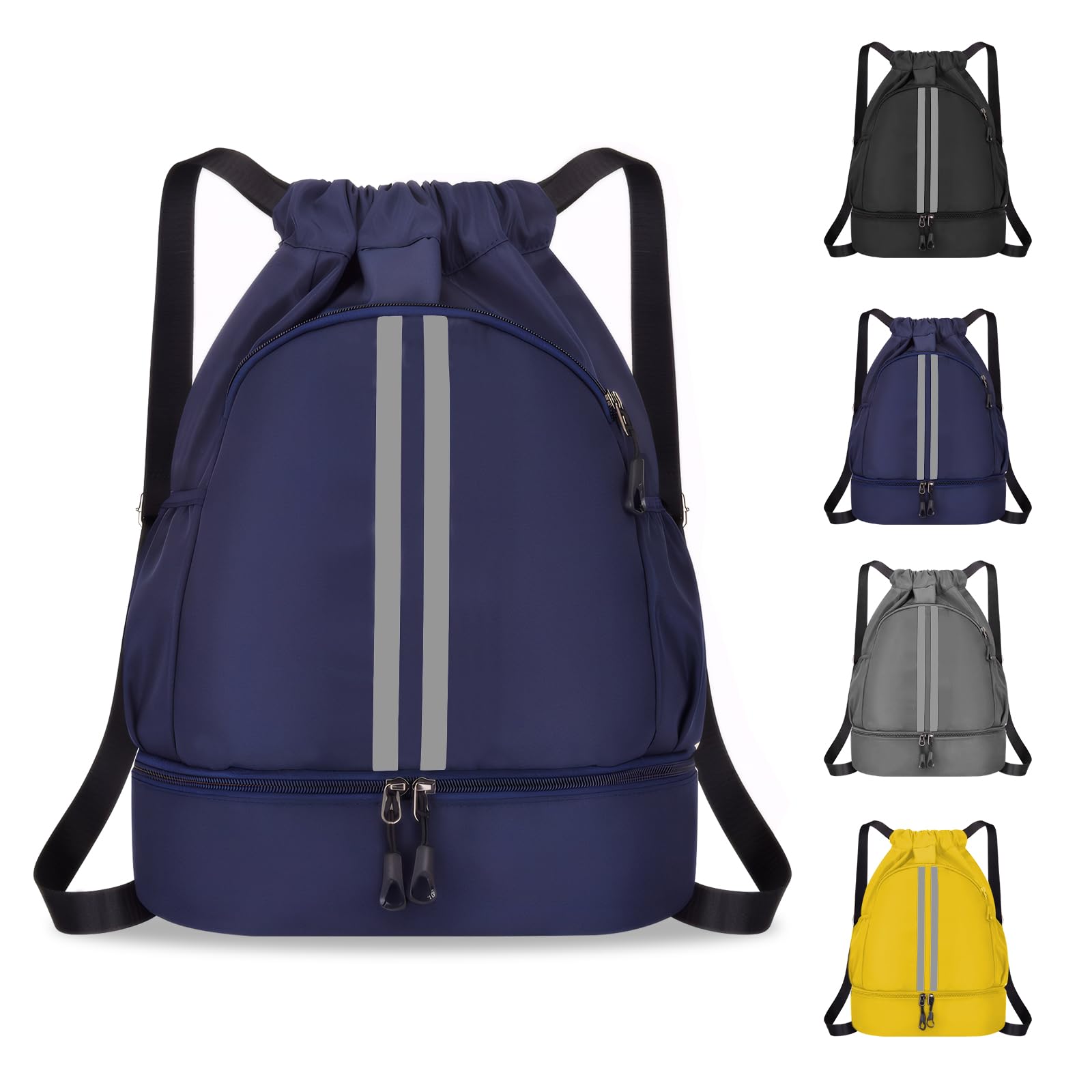 MEYDLL Bolsa de deporte mochilas con cordón de gran capacidad bolsa de deporte resistente al agua con cordón mochila con rayas reflectantes bolsa de gimnasio con dos bolsillos laterales para hombre y