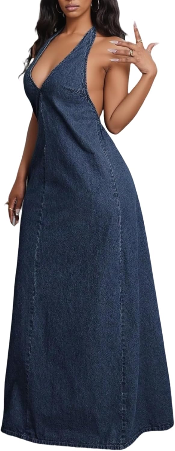 LETSVDO Women's Sexy Sleeveless Maxi Denim Dress Halter Deep V Neck Backless Flowy Going Out Long Jean Dresses