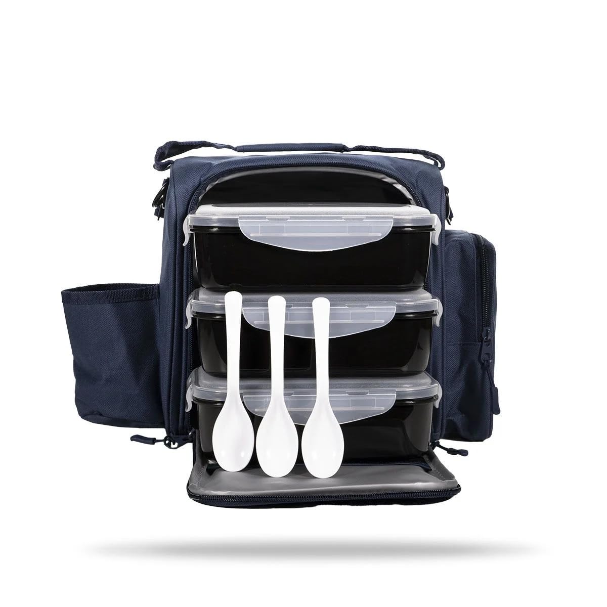 GymBeam Borsa Termica Porta Pranzo con Sacchetti Gel, Borsa Frigo con 3 Contenitori e Cucchiai, Tasca Laterale e Manici Regolabili (Blue Navy)
