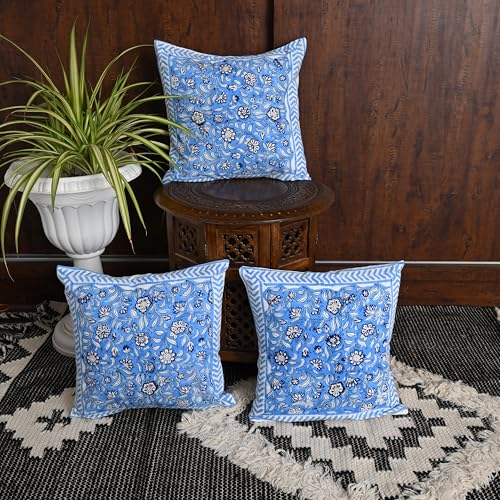 Image of Cotton Cushion Covers 16x16 Inch - Hand Block Floral Print Pillow Covers for Sofa, Couch & Bedroom (Pack of 5) (Blue)