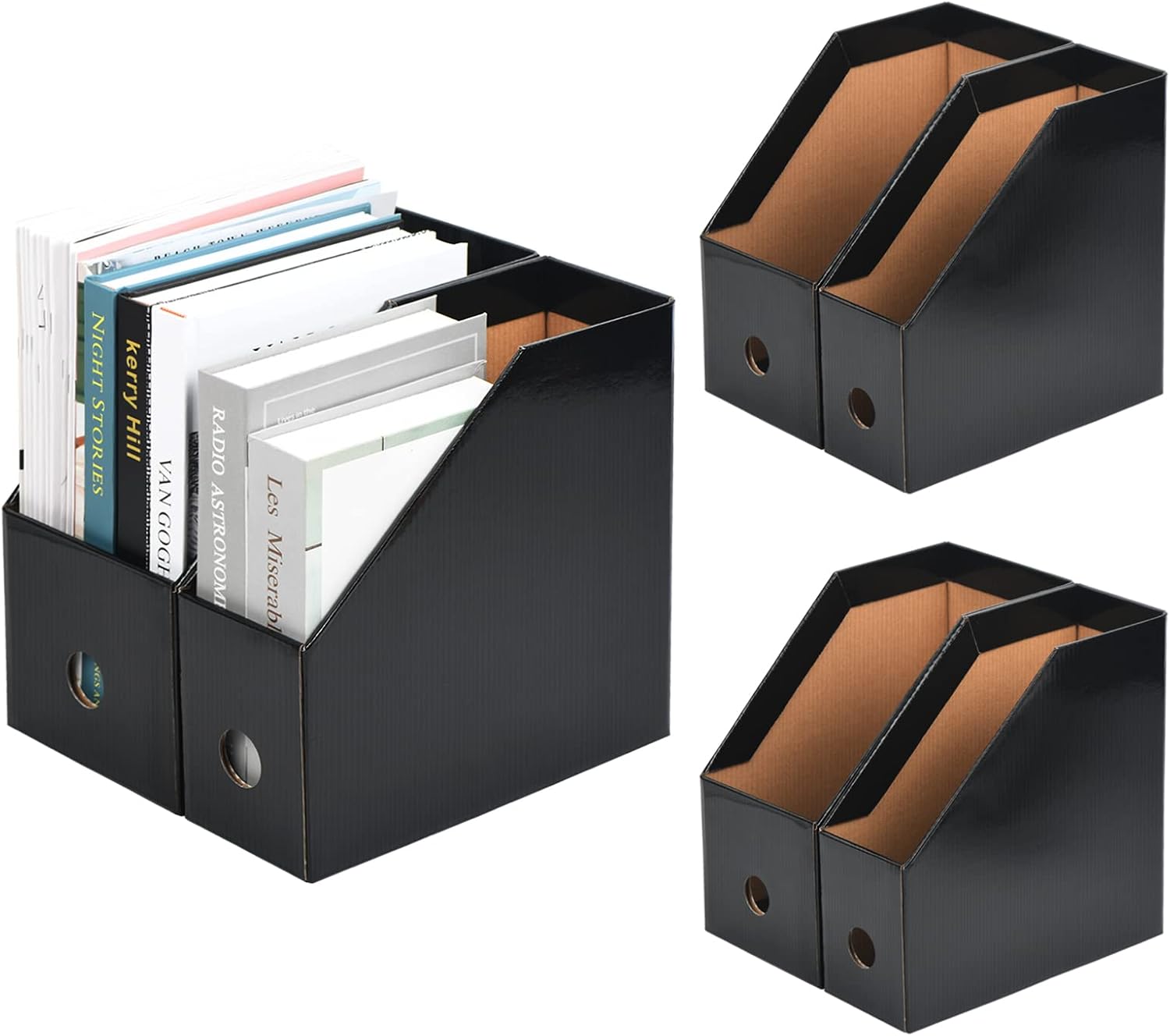 Tunnkit Cardboard Magazine Holder Set of 6, High-Capacity Folder Holder with Label, 2 Sizes Black Magazine File Holder for Home, Office and School