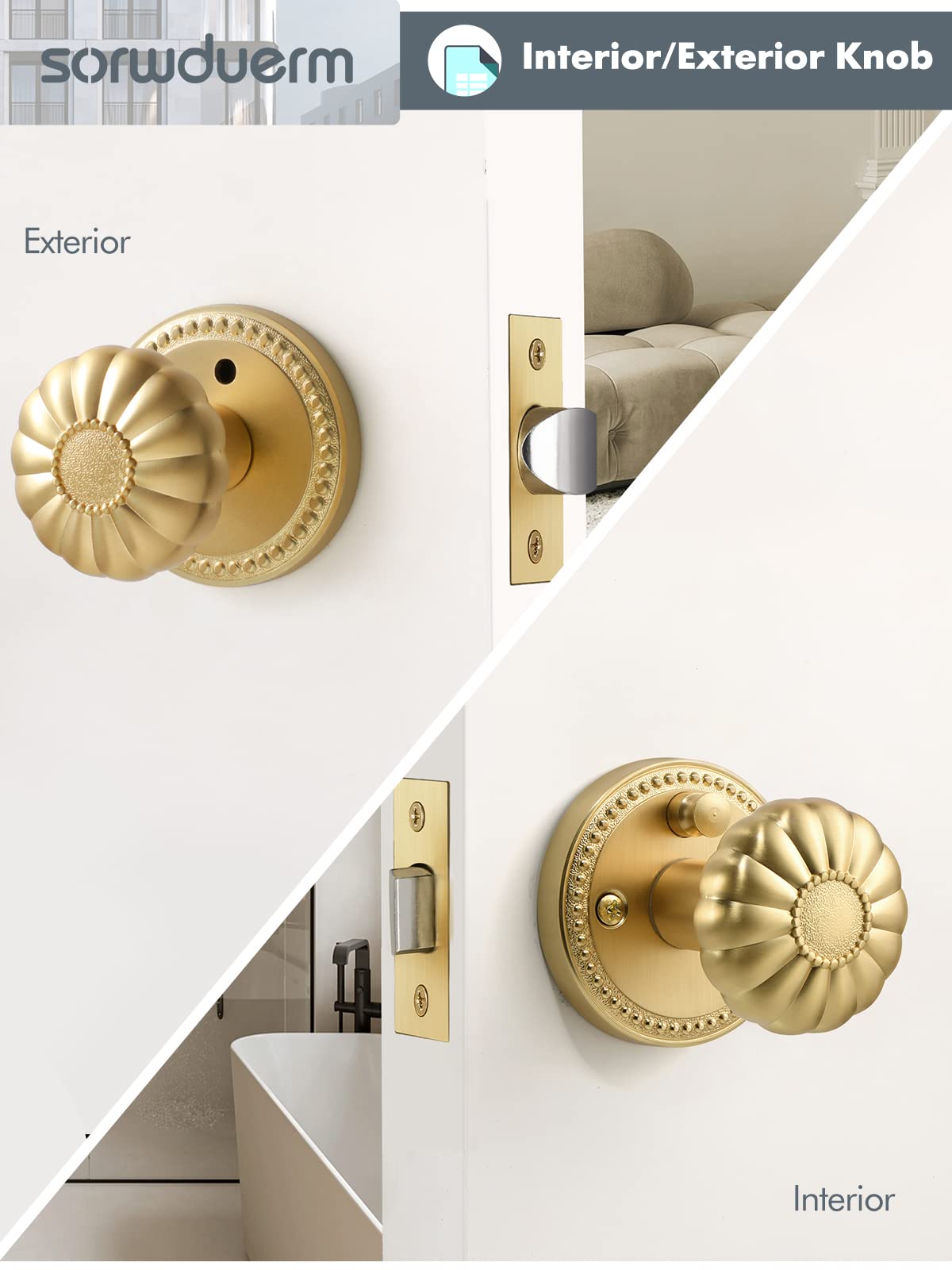 SORWDUERM Gold Door Knobs Privacy Door Knob Satin Brass