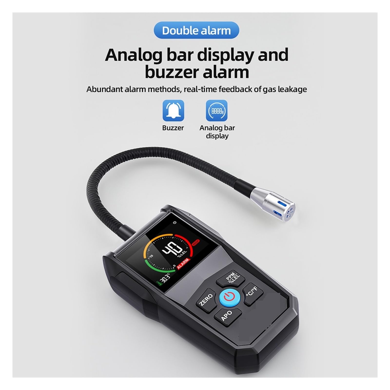 Analizador de Combustión, Detector de gas combustible Probador de fugas de gas de alta precisión VA Pantalla inversa Alarma de luz y sonido Monitor de gas inflamable