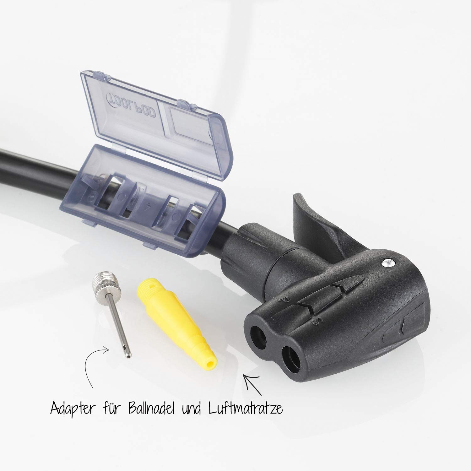 FISCHER 85580 stojąca pompka powietrza z manometrem, wysoka wydajność pompy do 11 barów, do wszystkich zaworów (AV, DV, SV), podwójna głowica, z adapterami do piłek i materaca, czarno-srebrna
