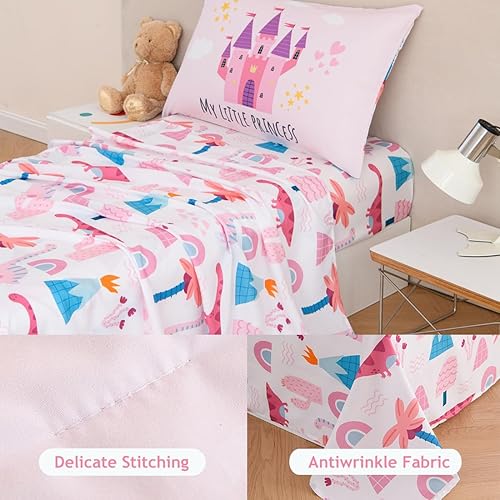 Miniatura 4 de PERFEMET Juego de ropa de cama de 4 piezas para niñas, castillo rosa, cuentos de hadas, juego de edredón reversible colorido estampado de princesa