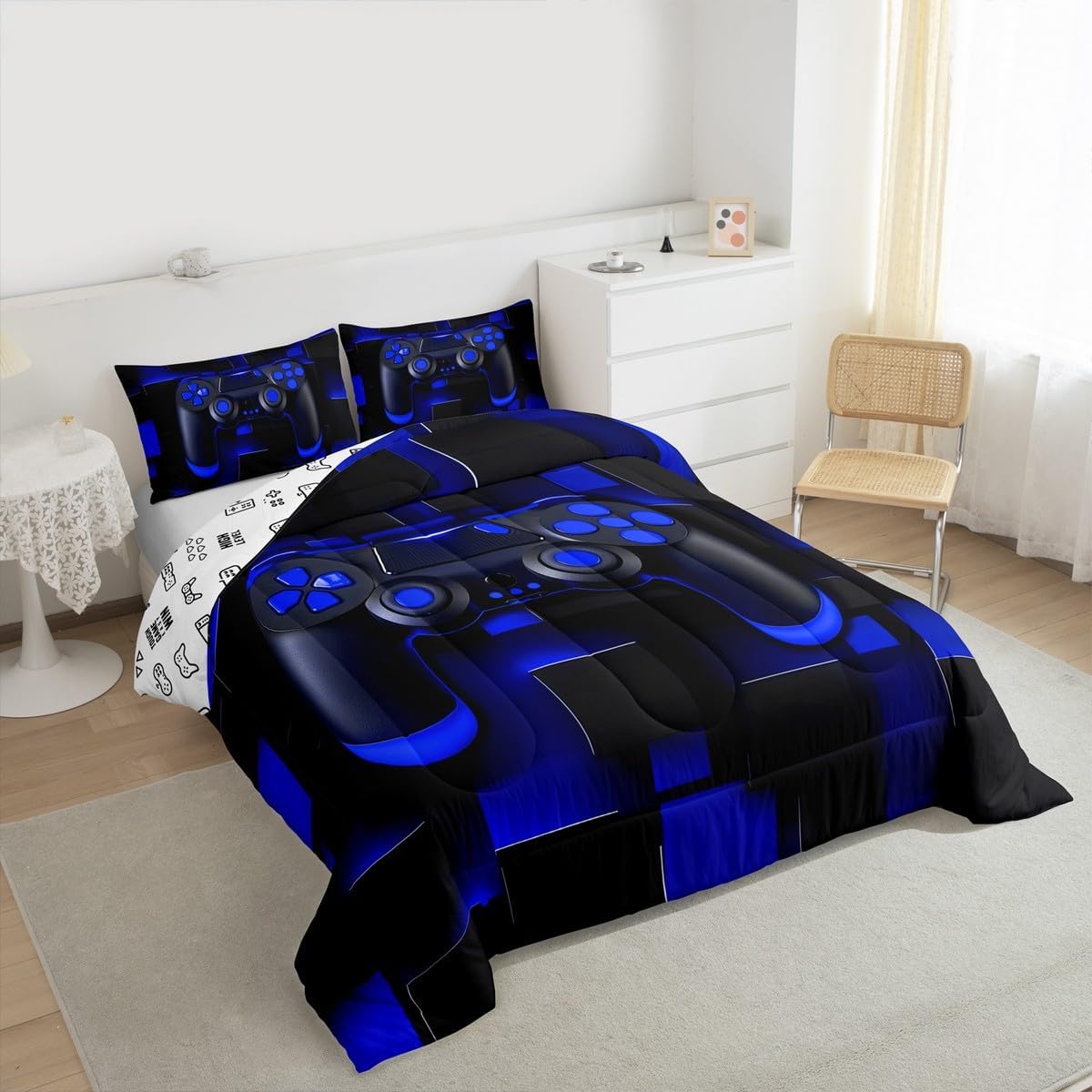 Feelyou Gamer Bedding Set for Kids Boys Girls Gaming Comforter Set Twin Size Ombre Abstract Duvet Quilt Bedroom Decor Breathable Soft Lightweight Microfiber Blue Black Toddler 2Pcs