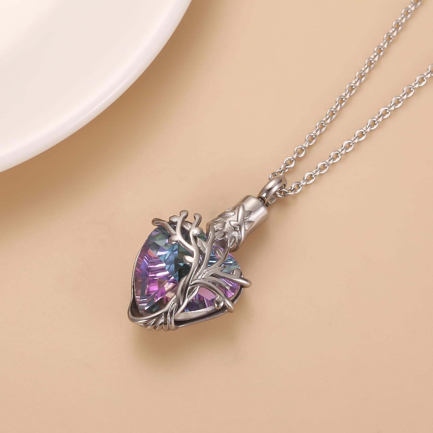 Crystal Heart Cremation Jewelry For Ashes Of Loved Ones Tree Of Life Urn Ashes Necklace For Women Stainless Steel Keepsake Memorial Pendant - Image 3