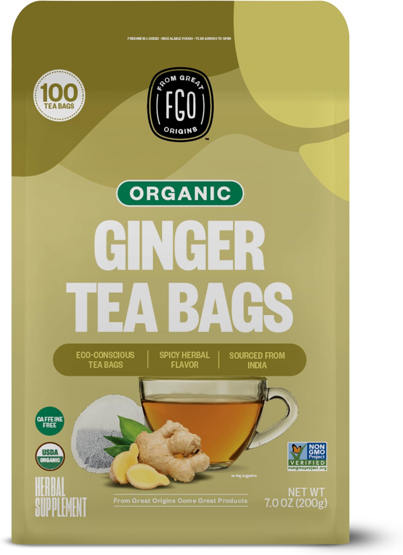 FGO Organic Ginger Tea, 100 Count, Eco-Conscious Tea Bags, Caffeine Free, Packaging May Vary (Pack of 1)