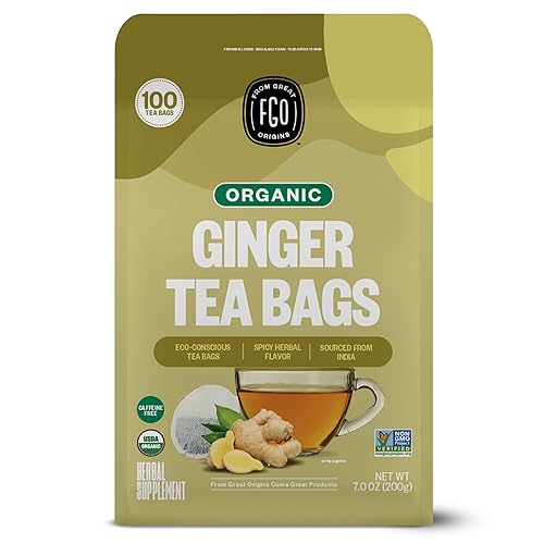 FGO Organic Ginger Tea, 100 Count, Eco-Conscious Tea Bags, Caffeine Free, Packaging May Vary (Pack of 1) - Ginger - 100 Count (Pack of 1)