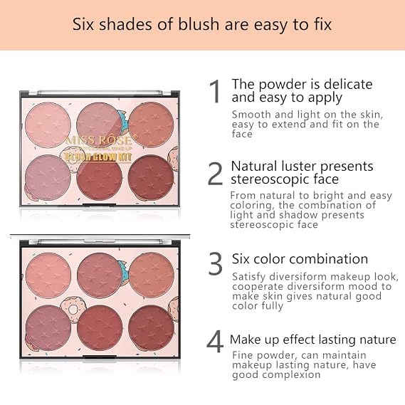 6 Colors Blush Palette, Matte and Shimmer Blush Palette, Smooth Blendable Powder, Multiuse Blusher Makeup with Contour Highlighter