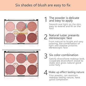 6 Colors Blush Palette, Matte and Shimmer Blush Palette, Smooth Blendable Powder, Multiuse Blusher Makeup with Contour Highlighter