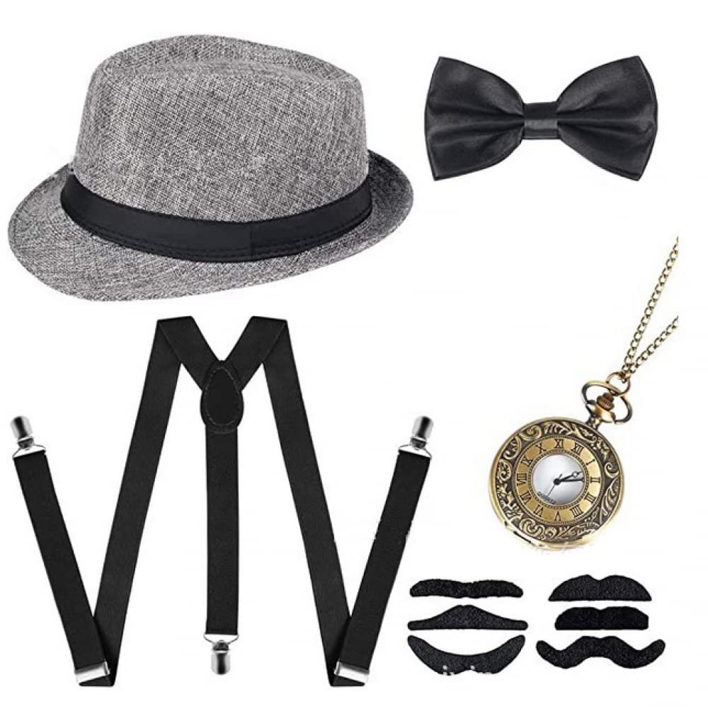 Goodern 1920s Mens Gatsby Gangster Accessories Set Panama Hat Pocket Watch Suspender Bow Tie 1920s Mens Accessories Fedora Gangster Hat Costume Accessory 1920s Mens Gatsby Gangster Costume Accessories