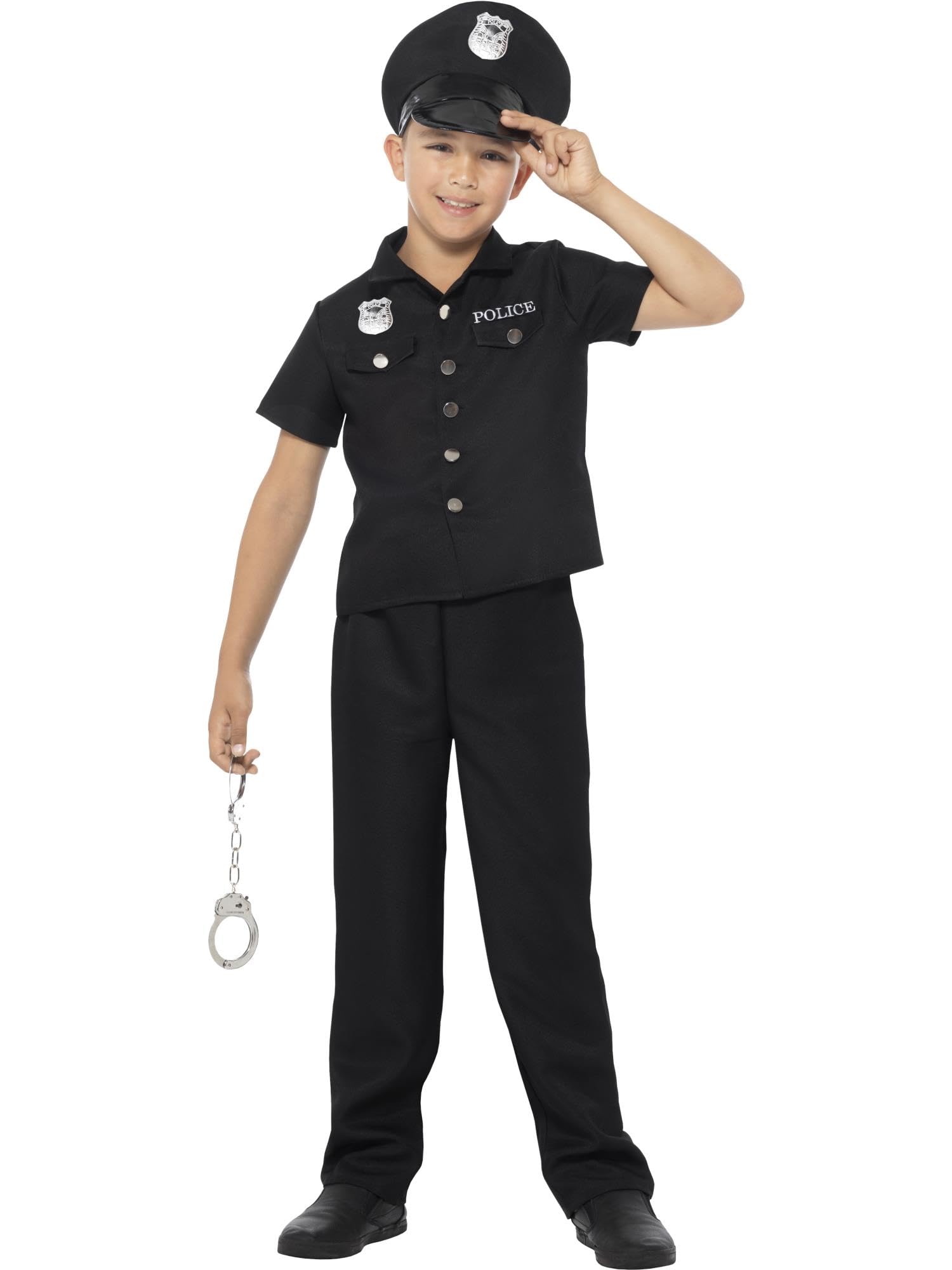 Smiffys New York Cop Costume, Black with Top, Trousers & Hat, Boys Fancy Dress, Cops and Robbers Dress Up Costumes