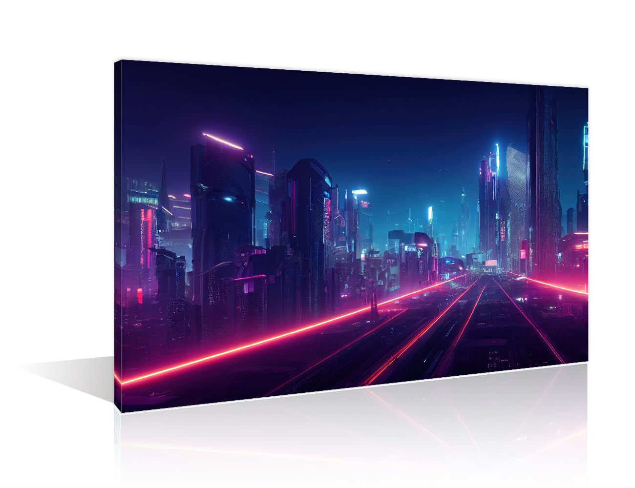 Cyberpunk Neon City Night Artwork Modern Picture for Living Room Painting Cyberpunk Futuristic City Panorama Wall Art 1 Panel Artwork Prints on Canvas Giclee Framed Ready to Hang, (24" Wx36 H)