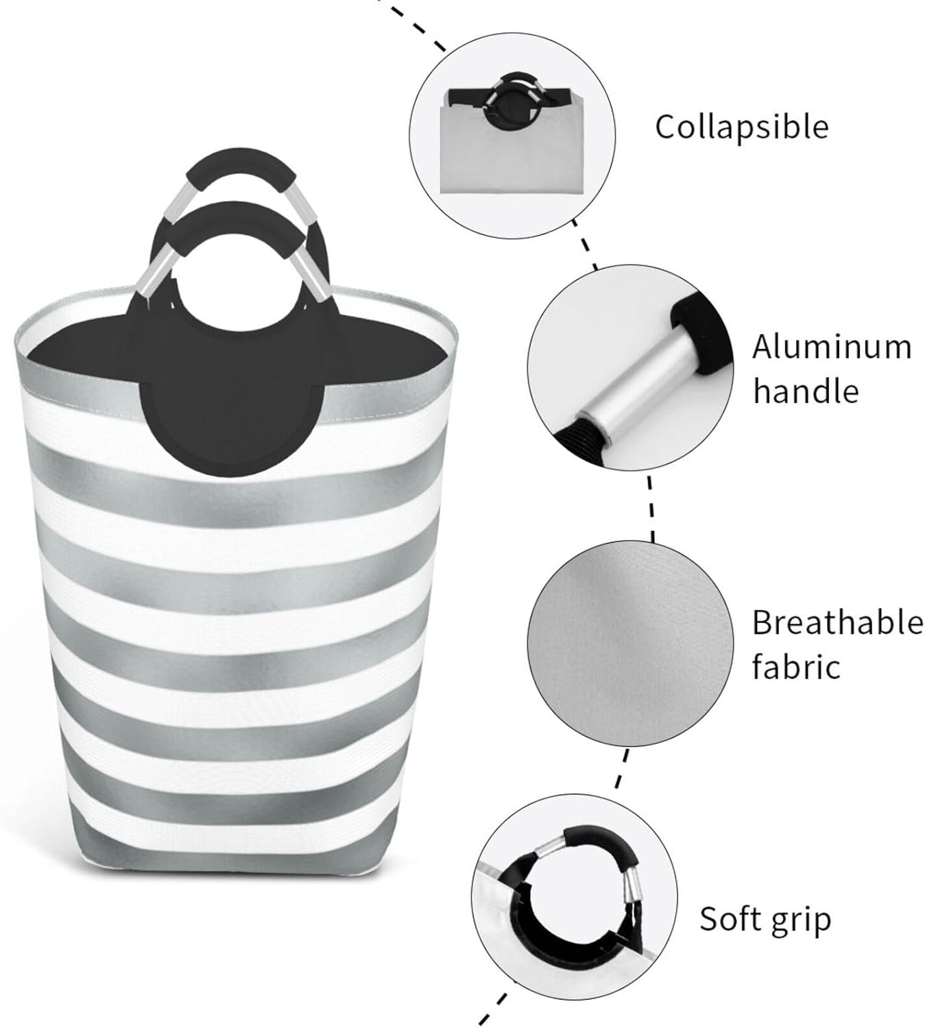Large Laundry Basket, Faux Silver Gray White Metallic Horizontal Grey Laundry Hamper Bag Collapsible Washing Bin With Handles for College Dorm, Family Essentials Storage