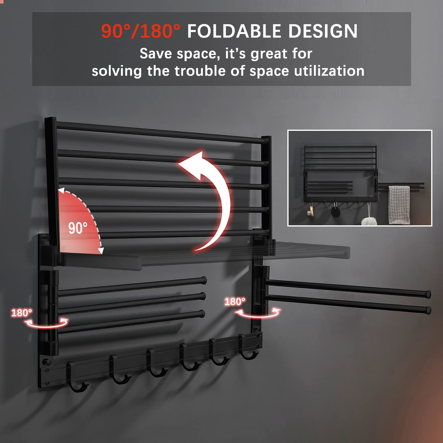 Görbach Aluminiowy wieszak na ręczniki, półka na ręczniki, kolor matowy czarny (5-60 MS)
