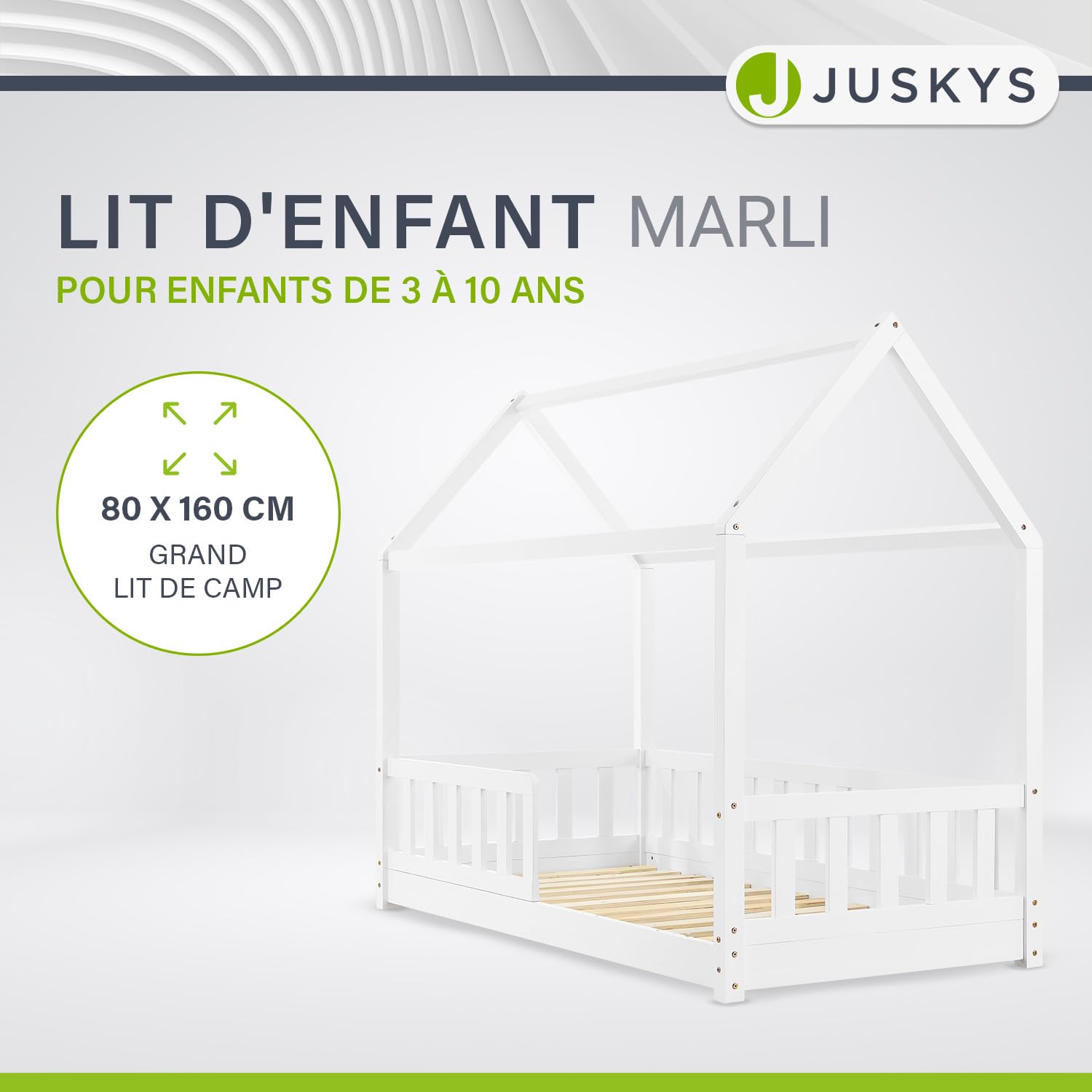 Juskys Lit Cabane Enfant Marli 80x160 cm Bois Massif Blanc avec Protection Antichute