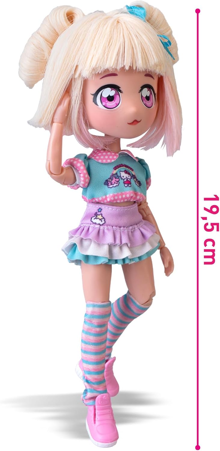 Hello Kitty Manga Fashion Unicorns, Japanese Fashion Doll with Extra Outfit, 19.5 cm Figure with 15 Articulation Points, Includes Ra-Ra Skirt, Warmers and Headband with Ears, Famous (HKTF2000)
