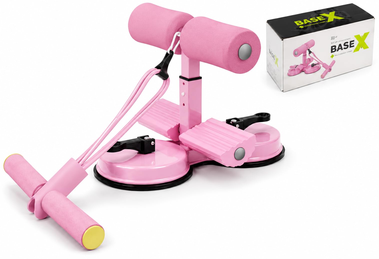 Base X Aparelho Abdominal com Elástico de Tensão, Rosa | Ventosas de Fixação, Suporte