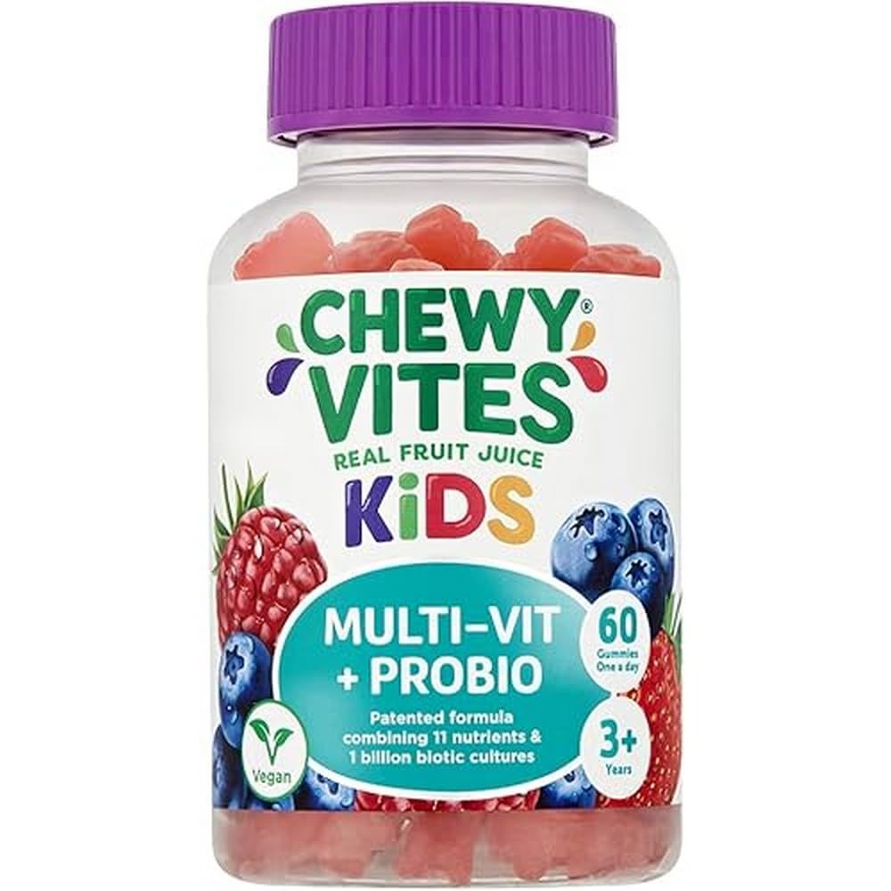 CHEWY VITESKids Multi-Vit + Probio, 60 Kids Vitamins Gummies, 11 Essential Nutrients, Probiotics for Children, 2 Months Supply, Real Fruit Juice, Vegan, Age 3 +, Blueberry and Raspberry Flavour