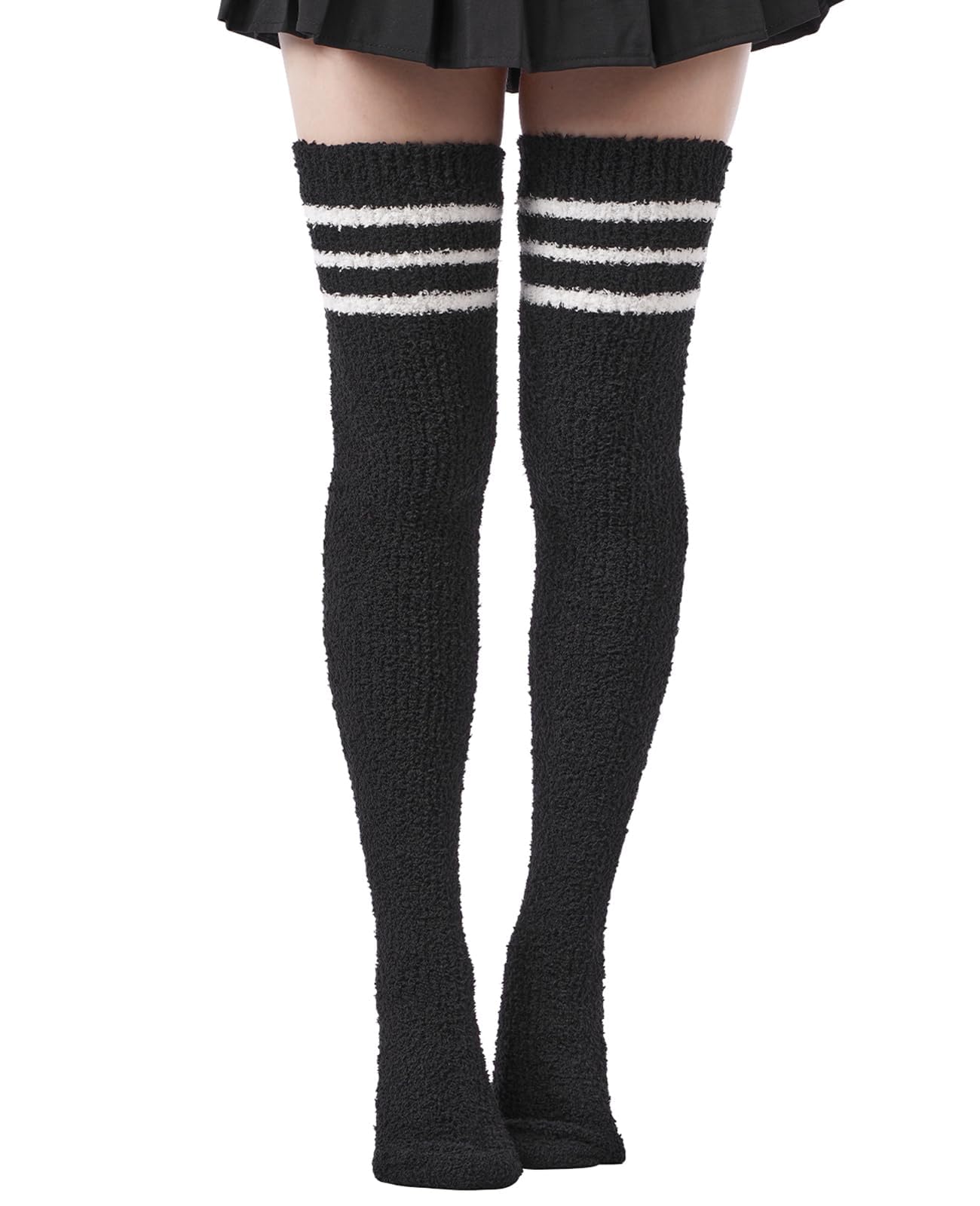 Moon Wood Women Striped Thigh High Socks Coral Fleece Thigh Highs Fuzzy Over Knee Socks Cozy Leg Warmers