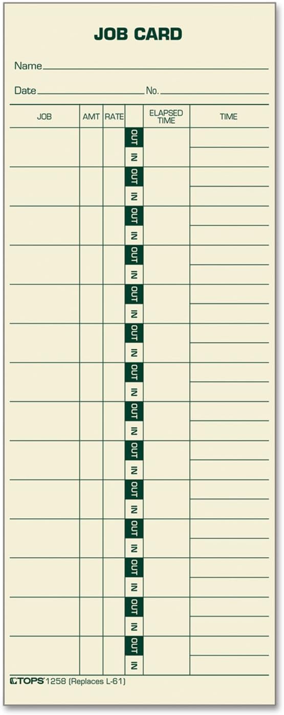 Tops 1258 Time Card for Cincinnati Lathem Simplex Job Card