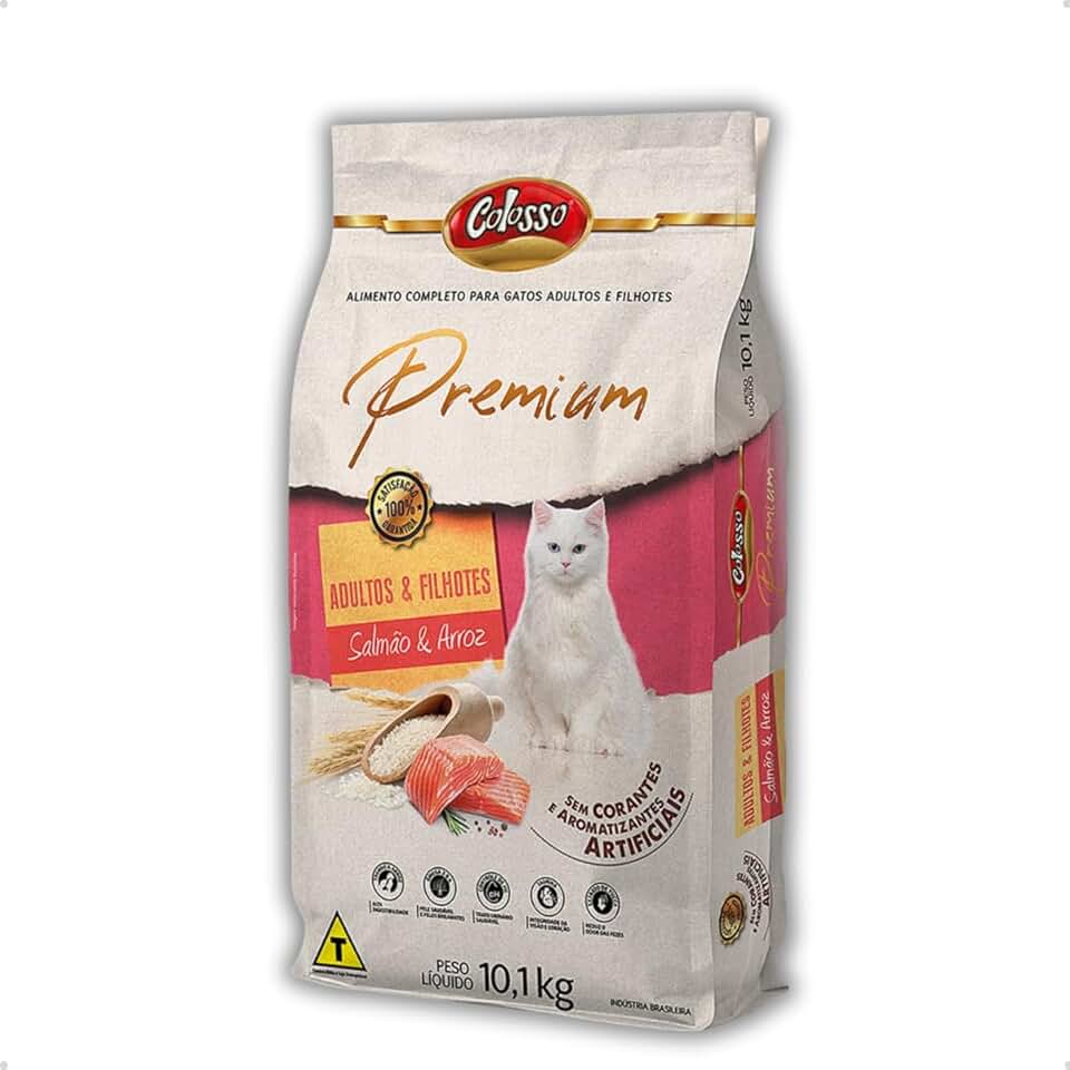 Ração Colosso Premium Gatos Adultos e Filhotes Alta Digestiva Fibras Naturais Salmão Arroz 10,1 KG